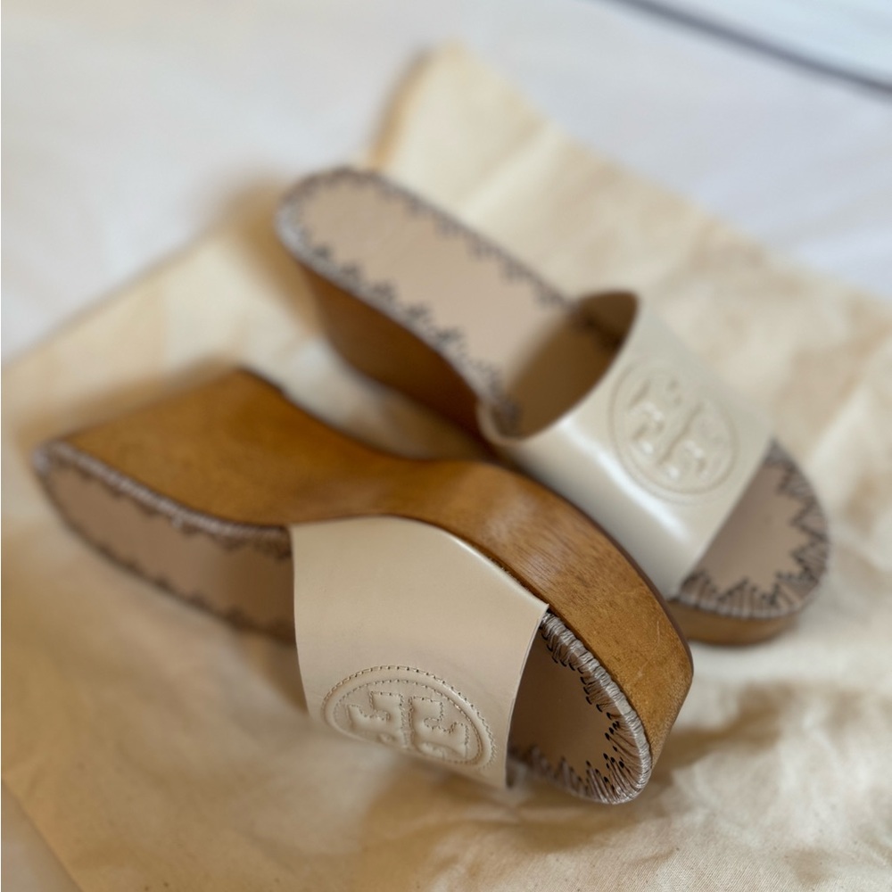 Tory Burch wooden platform sandals/slip ons.
